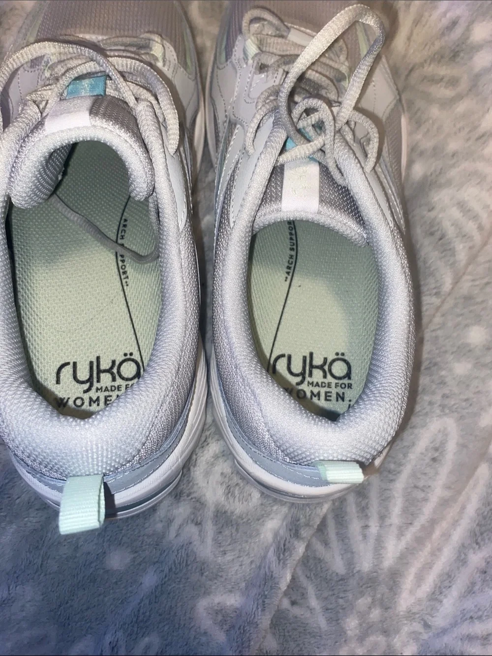 Ryka Women’s Athletic Sneakers in White with Light Blue Accents